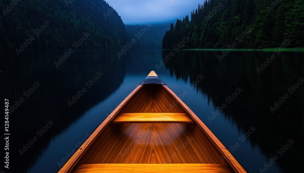 Naklejka premium A serene canoe gliding across a tranquil lake surrounded by lush mountains.