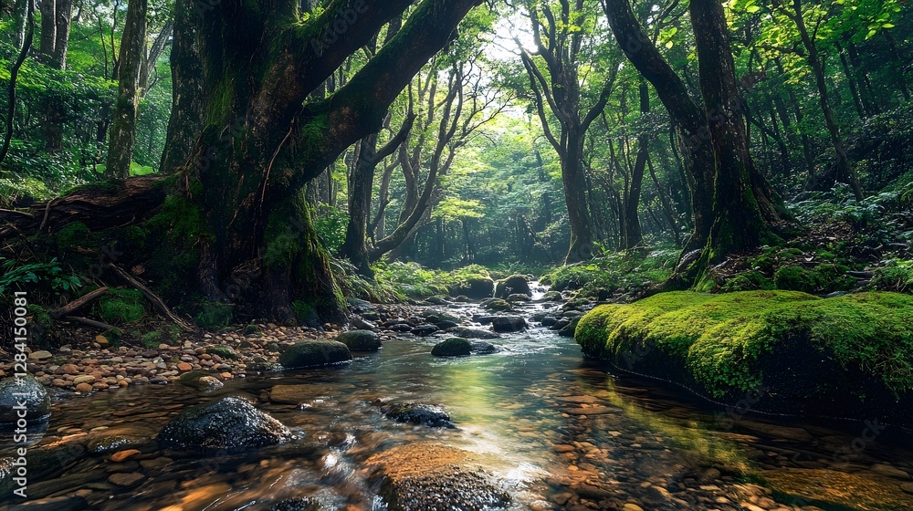 Serene forest stream with lush greenery and gentle light filtering through trees. Serene forest stream with lush greenery and gentle light filtering through trees.