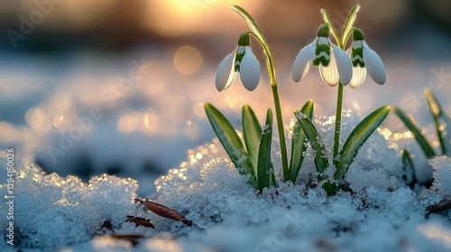Spring awakening snowdrops blooming in winter landscape nature photography serene sunrise close-up view