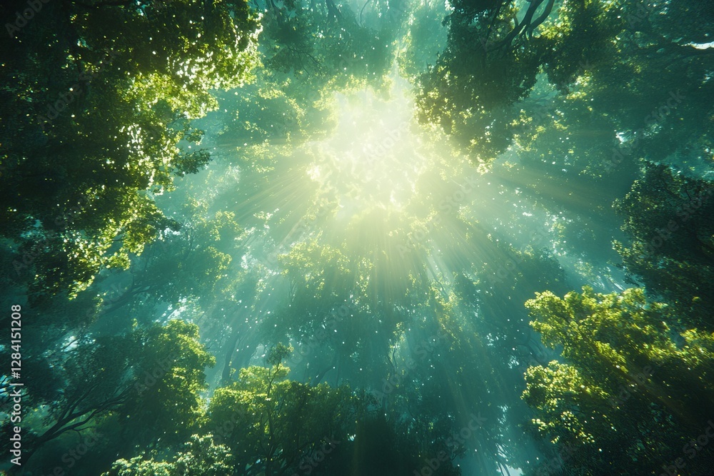 Obraz premium Sunlight filters through lush green forest canopy creating a serene atmosphere in early afternoon