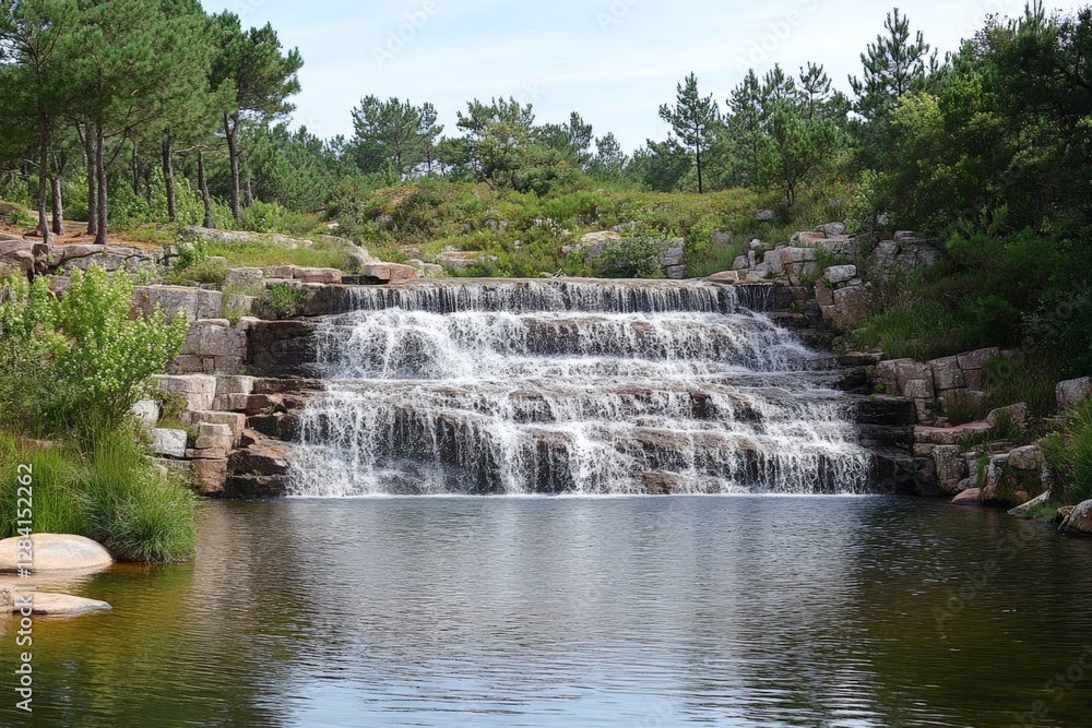 Majestic waterfall cascading over rocky terrain in a serene forest setting, surrounded by lush greenery under a clear blue sky Majestic waterfall cascading over rocky terrain in a serene forest setting, surrounded by lush greenery under a clear blue sky