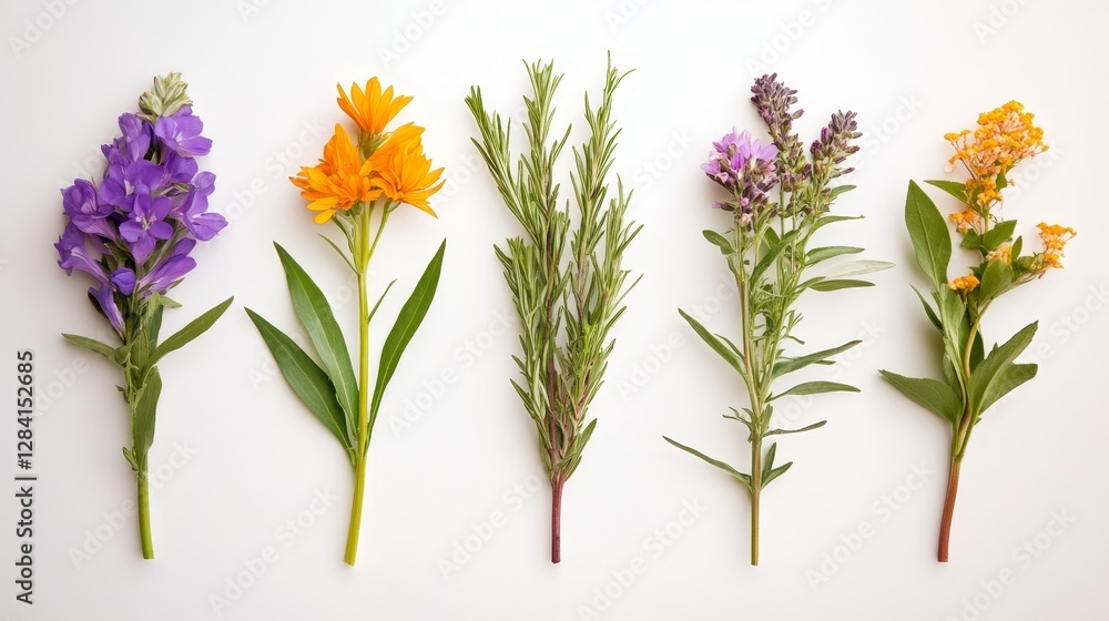 Colorful arrangement of various fresh flower and herbs on a clean white background Colorful arrangement of various fresh flower and herbs on a clean white background