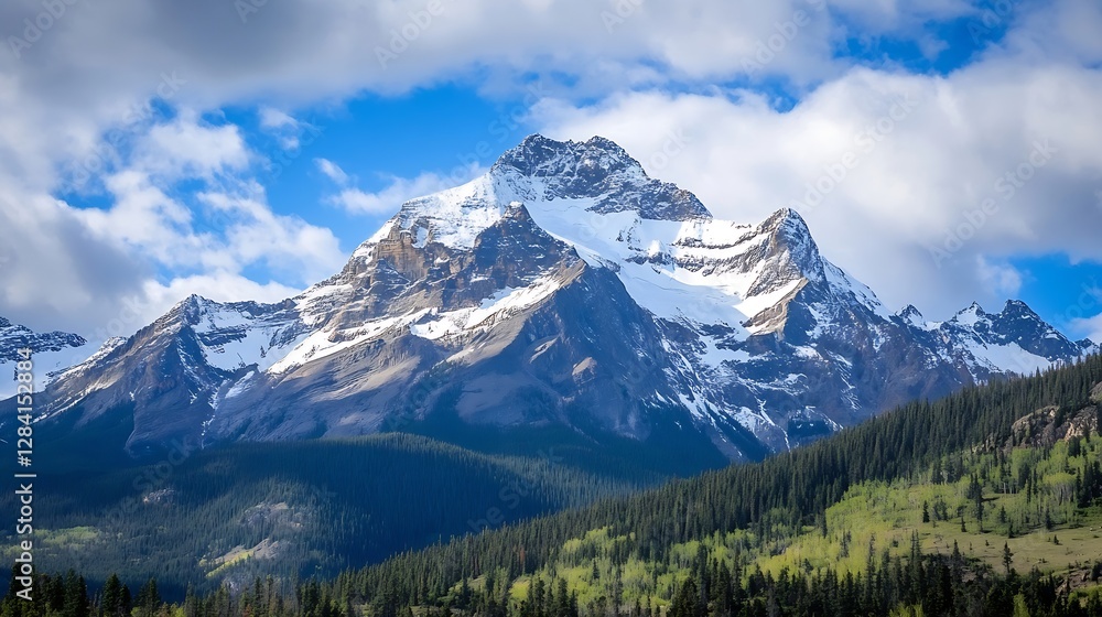 Obraz premium Majestic snow capped mountain range reflecting the beauty of nature under a bright blue sky with clouds : Generative AI