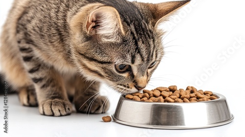 Tabby kitten eating kibble from metal bowl on white background