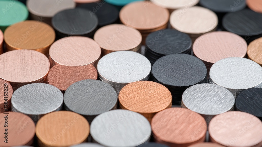 Colorful metal discs, close-up view, background. Possible use showcasing material samples Colorful metal discs, close-up view, background. Possible use showcasing material samples