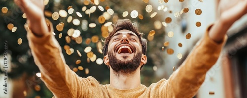 Joyful man celebrating wealth, tossing coins in air outdoors with happiness