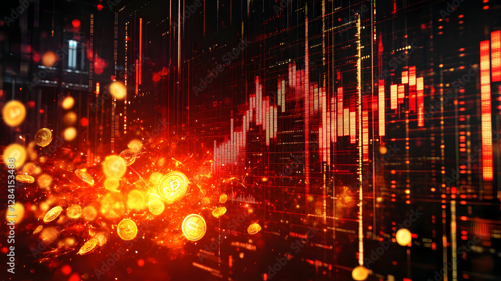 Obraz premium display of stock prices glitching and exploding into golden coins and red sparks