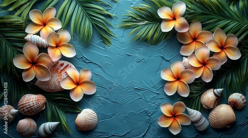 Tropical floral arrangement with shells beachside nature photography vibrant colors close-up view serenity concept