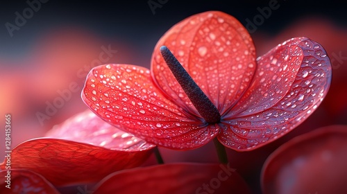 Close-up of raindrop-kissed red flower petals natural setting macro photography vibrant colors serene atmosphere