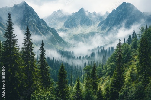 Mist-covered mountains rise majestically above a lush green valley in a tranquil natural landscape