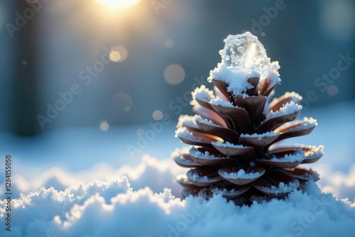Frozen tears fall from a snowflake on a snowy pinecone, frost, snow