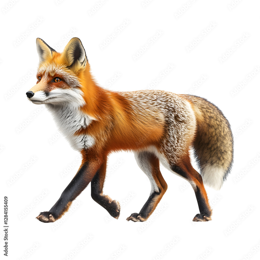 Fototapeta premium Red Fox Trotting Through Snow Covered Forest Isolated on Transparent Background