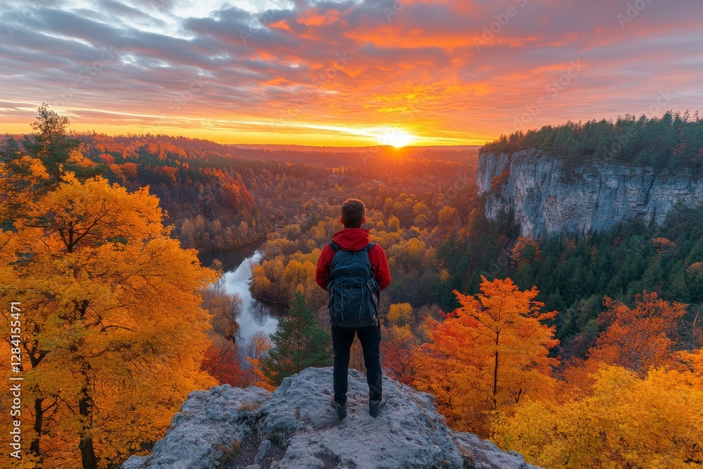Fototapeta premium Person enjoys a breathtaking sunset view overlooking a forested landscape with vibrant autumn colors