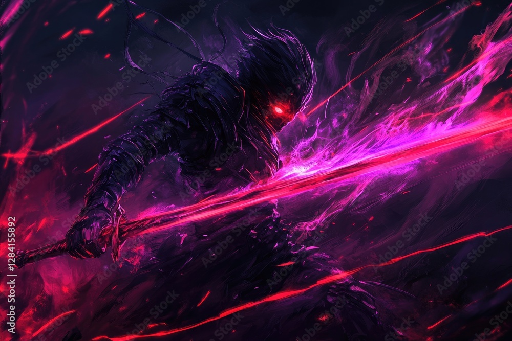 Fototapeta premium A dark figure wielding a glowing red sword in the darkness
