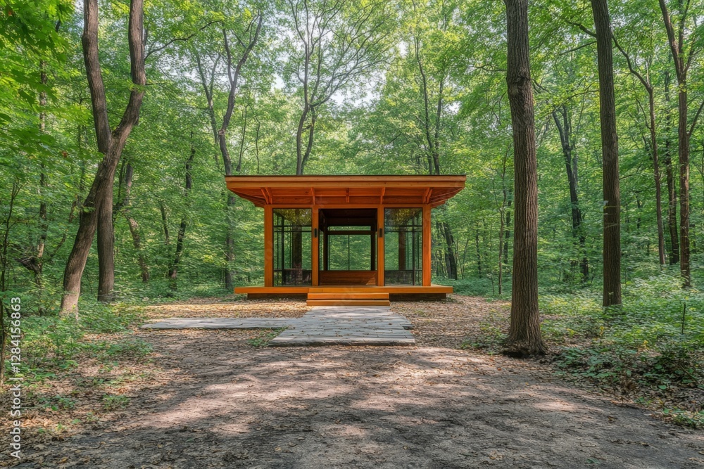 Modern cabin nestled in a forest showcasing sustainable architecture during a sunny day Modern cabin nestled in a forest showcasing sustainable architecture during a sunny day