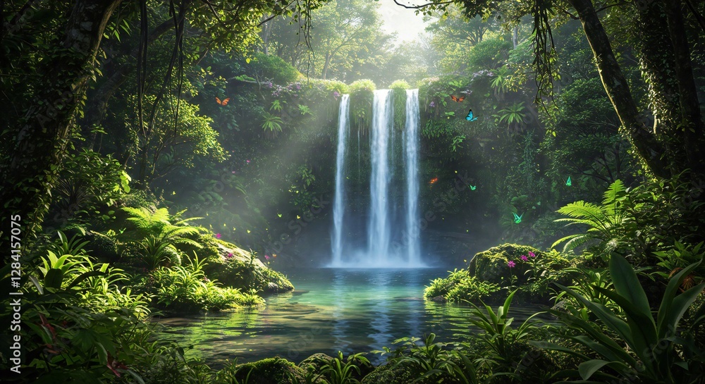 A hidden jungle waterfall cascading over moss cover A hidden jungle waterfall cascading over moss cover