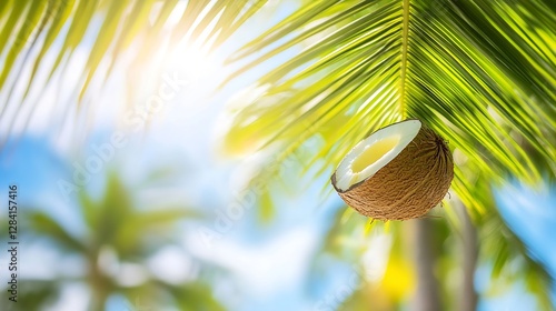 Fresh coconut hanging from palm tree against vibrant blue sky infused with soft sunlight : Generative AI photo