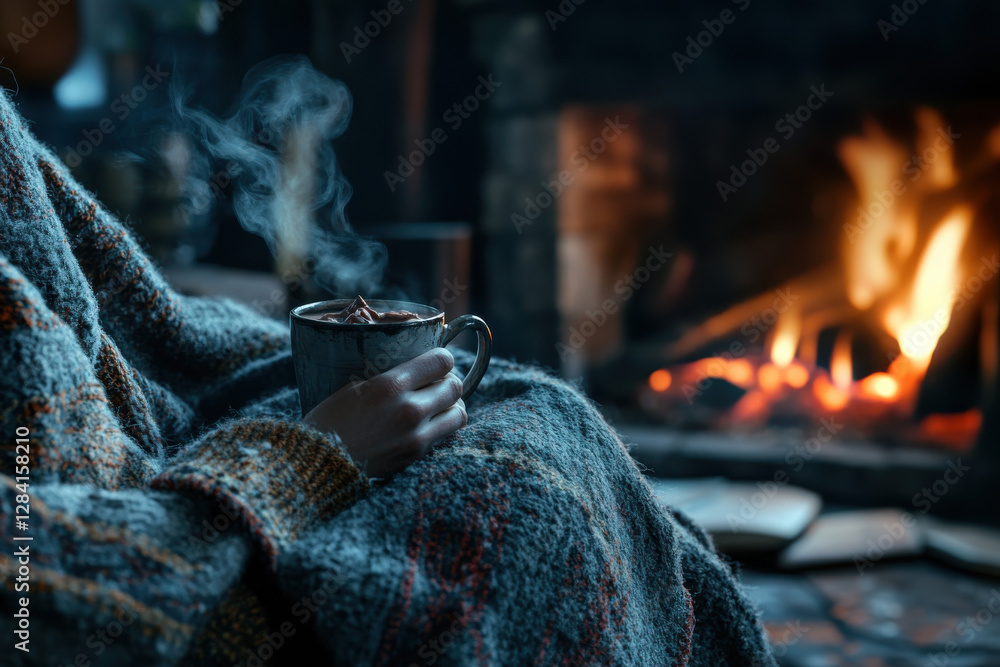 Fototapeta premium A person savoring a hot chocolate by a winter fireplace