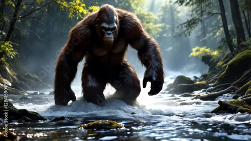 Bigfoot's Majestic River Crossing: A Legendary Creature in its Natural Habitat