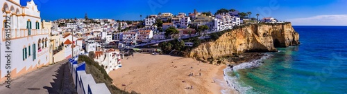 Portugal Algarve Carvoeiro Massive 20K High Resolution Panorama of Scenic Coastal Town with Golden Sand Beach White Houses and Turquoise Atlantic Ocean Water Rocky Cliffs Summer, wall art print