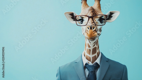 Giraffe in a suit wearing glasses with a blue background.