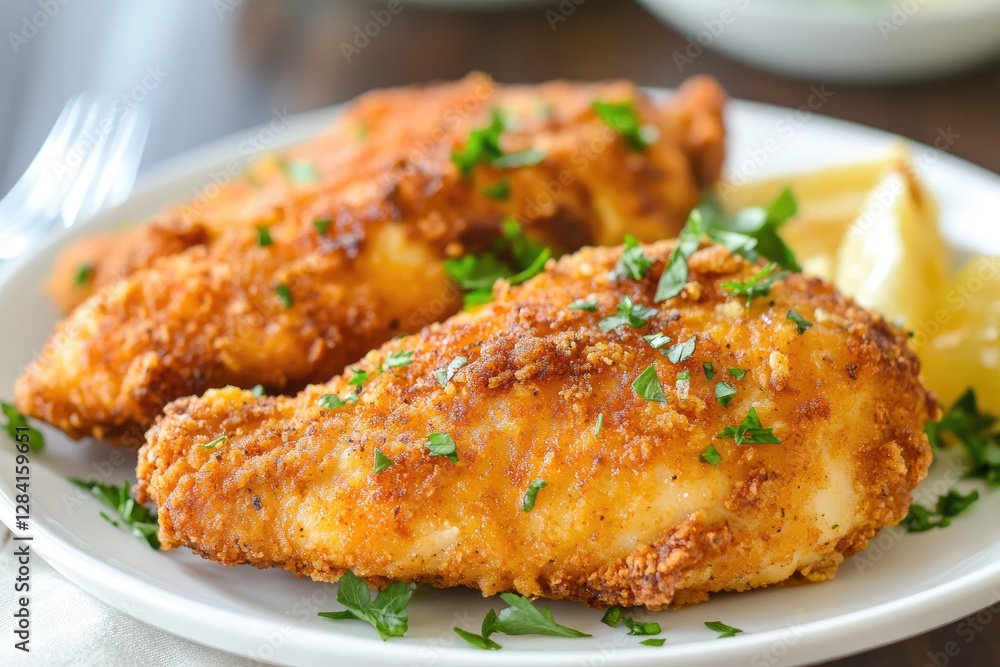 Delicious crispy golden fried chicken resting on a white plate Delicious crispy golden fried chicken resting on a white plate