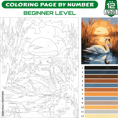 Relaxing Adult Coloring by number - Swan at Sunset, coloring page for kids