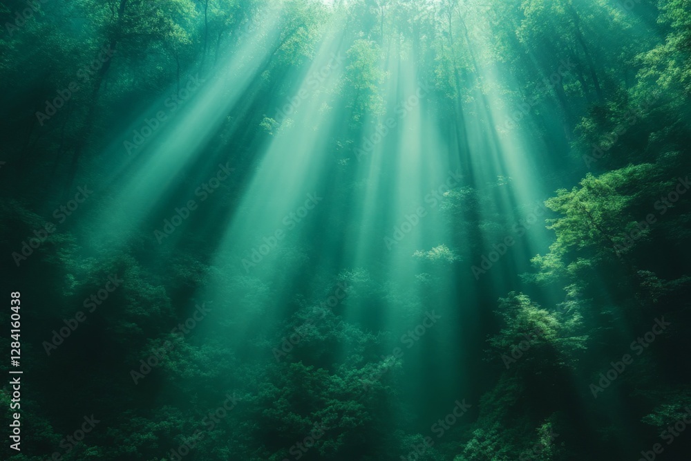 Obraz premium Sunlight filters through trees in a serene forest landscape during early morning hours