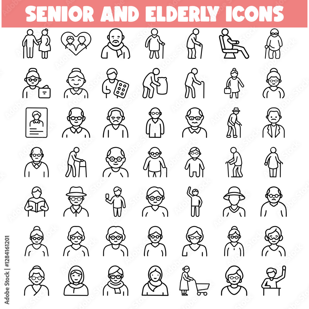 Fototapeta premium Elderly Care Icons Seniors, Activities, Health, and Aging