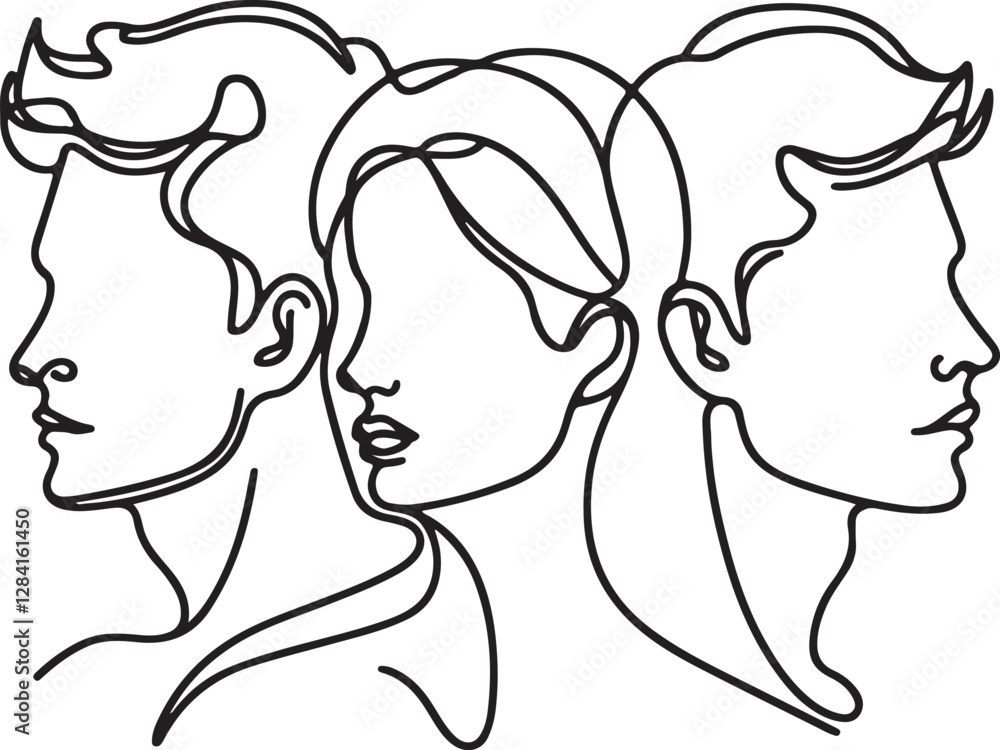 Elegant Line Drawing of Three Human Heads Man and Woman Elegant Line Drawing of Three Human Heads Man and Woman