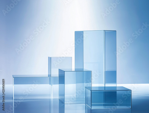 Blue glass backdrop of modern and minimalistic design with a focus on transparent glass like structures. 