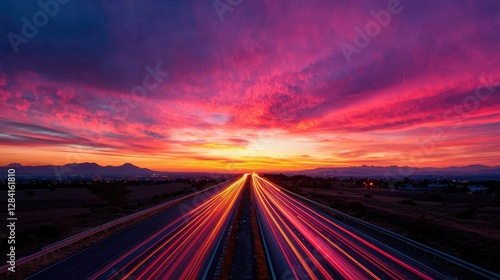 Vibrant light trails stretch down a long highway under a dramatic purple and orange sunset sky.