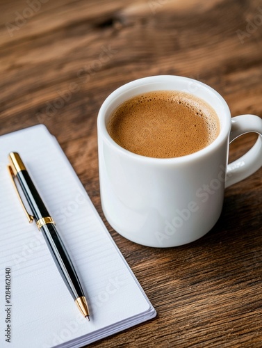 A steaming cup of coffee beside a pen and notepad on a rustic wooden table.