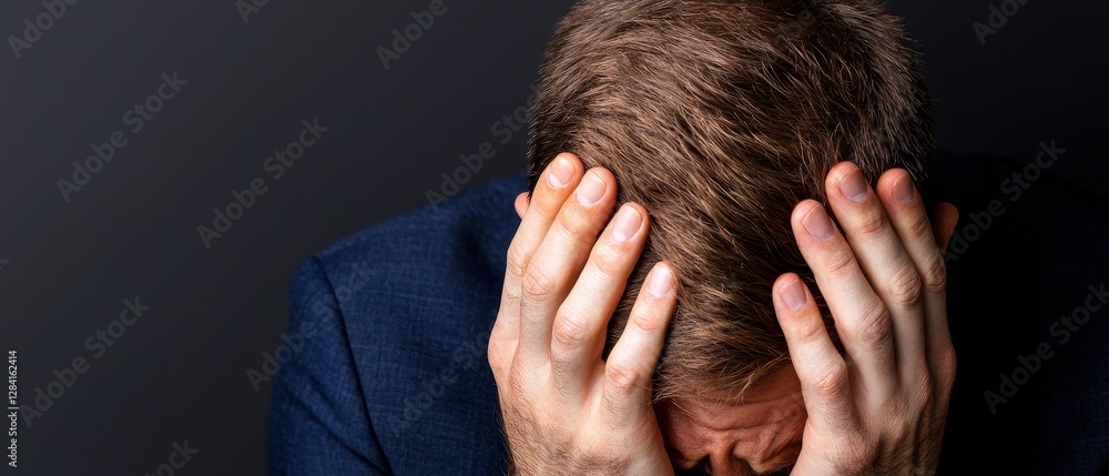 Fototapeta premium A stressed individual holding their head in despair, illustrating mental struggle.
