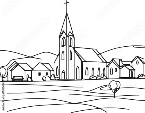 Beautiful Village Church Line Drawing Art
