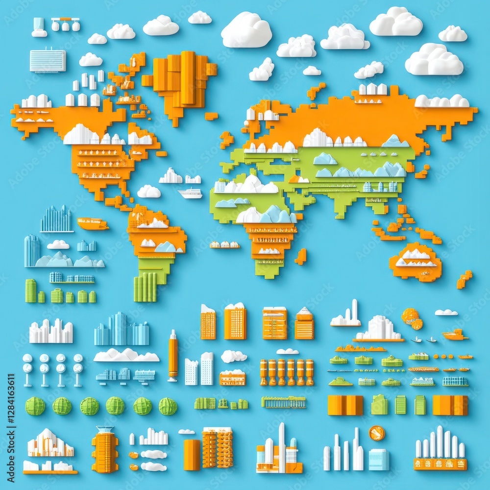 Naklejka premium Colorful 3D Map of the World with Abstract Building Designs, Clouds, and Graph Elements Representing Growth and Development in a Vibrant Style