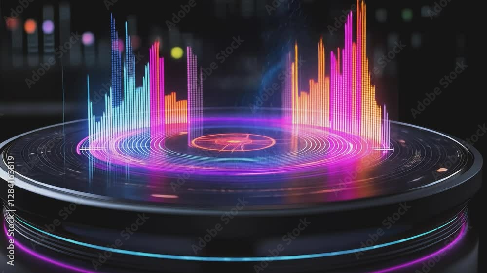 Digital Symphony: A futuristic DJ setup with vibrant, animated sound waves. It's a dynamic display of music and technology, the colorful waves rising in sync with the beat