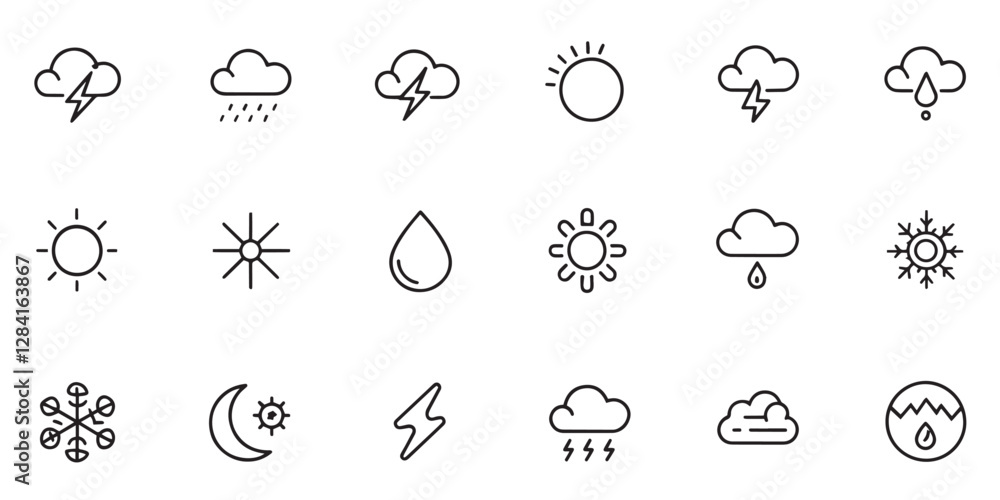 Fototapeta premium Weather editable stroke outline icons set isolated on white background