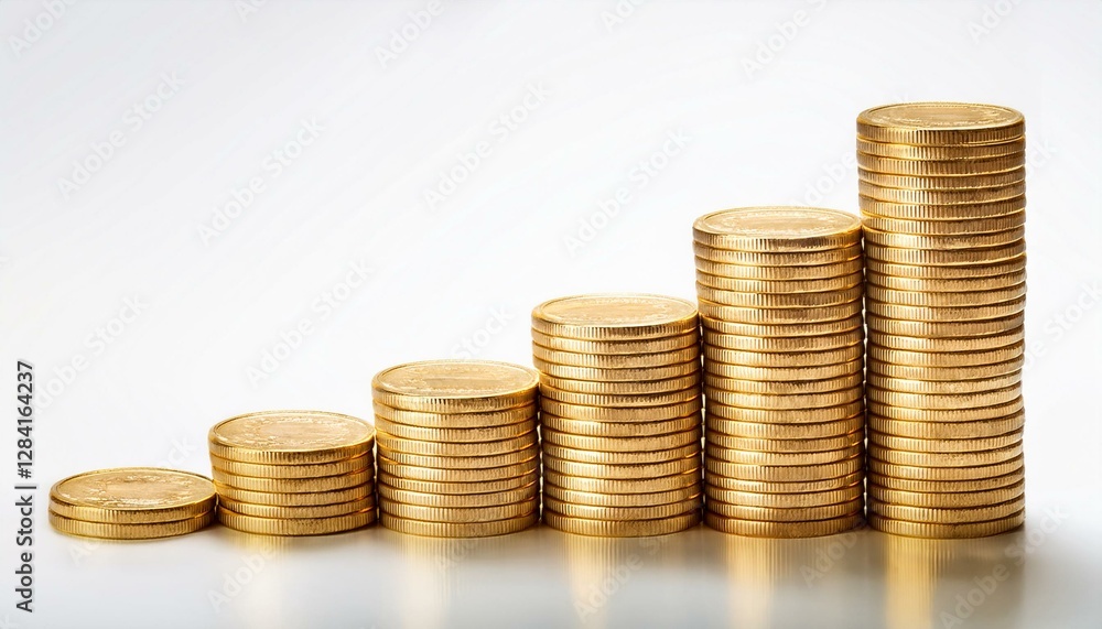 Coin Stacks Growing: An ascending series of coin stacks illustrates financial growth, representing investment gains in a photorealistic setting. Coin Stacks Growing: An ascending series of coin stacks illustrates financial growth, representing investment gains in a photorealistic setting.