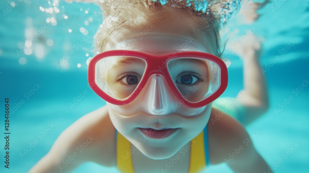 Naklejka premium Cute little girl swimming underwater in the pool with goggles for scuba diving, bright swimsuits.