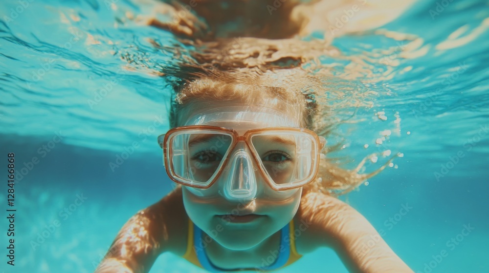 Naklejka premium Girl swimming underwater in the pool with goggles for scuba diving, look at the camera. Swimming sport school for children.