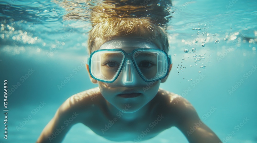 Fototapeta premium Boy swimming underwater in the pool with goggles for scuba diving, look at the camera. Underwater kid portrait in motion.