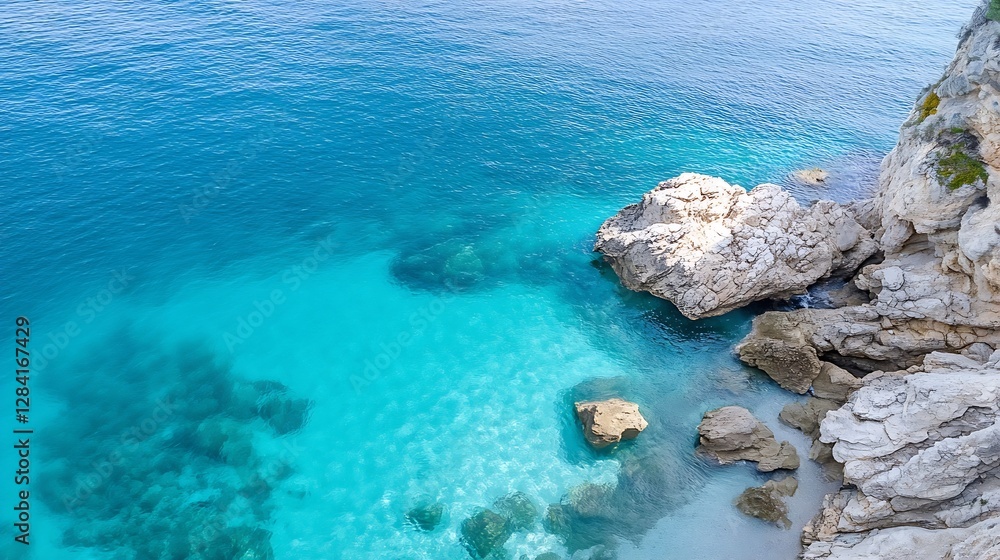 Fototapeta premium Aerial view of crystal clear turquoise water washing over rocky shores at a beach : Generative AI