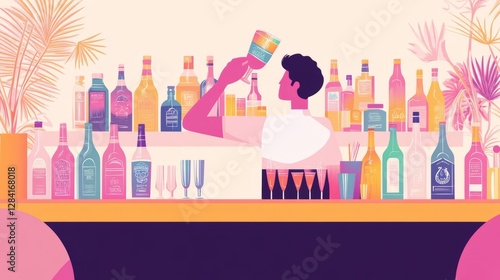 Bartender Mixing Colorful Cocktails at Bar with Bottles and Artistic Illustration