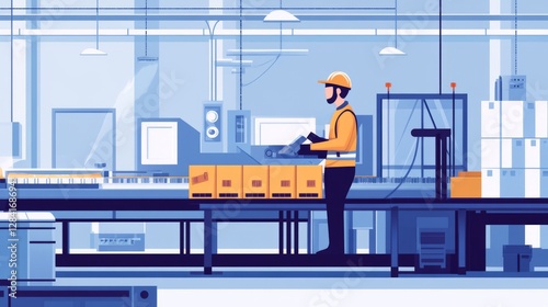 Blue Toned Factory Interior with Worker Inspecting Boxes on Assembly Line