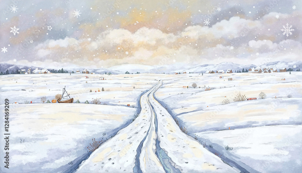 Snowy landscape with a winding road and distant cottages Snowy landscape with a winding road and distant cottages