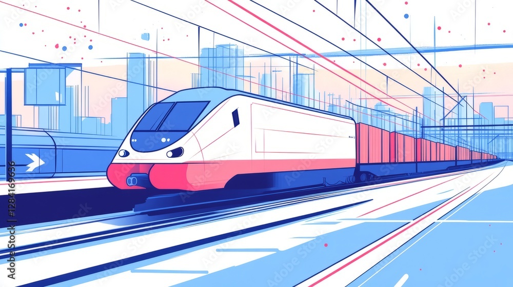 Fototapeta premium Cityscape Train with High Speed on Railroad Track with Pixel Art Style