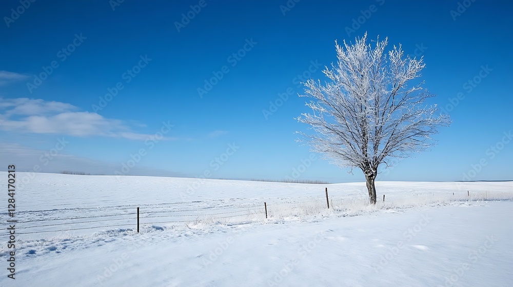 Stunning winter landscape with a lone frosted tree against a clear blue sky and endless white snow : Generative AI Stunning winter landscape with a lone frosted tree against a clear blue sky and endless white snow : Generative AI