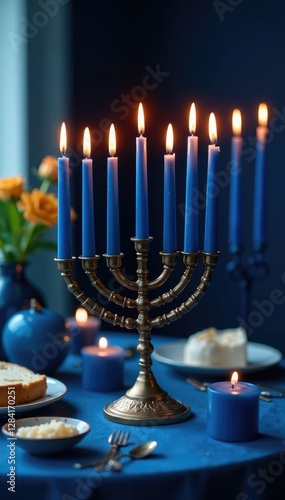 Menorah and blue theme with candles on a table, hanukkah lights, wax candles, festive tablescape
