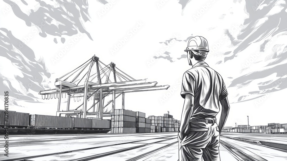 Obraz premium Dock Worker Overseeing Cranes and Cargo Containers in Monochrome Illustration